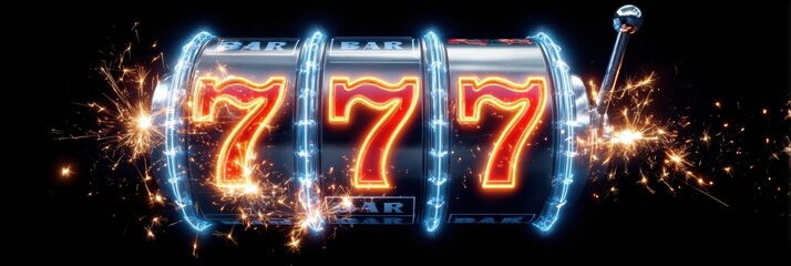 Neon Slot Machine Almost Hits Jackpot With Flying Sparks in a Dynamic Gaming Environment