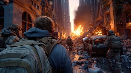 Destruction and chaos unfold in a cityscape after a significant disaster at dusk