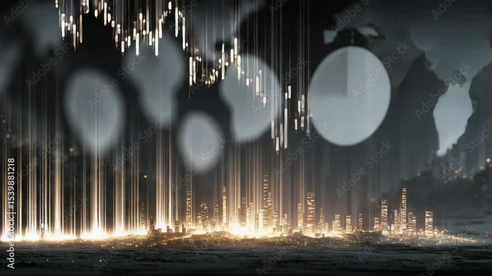 Poster glowing vertical lines and rectangles form an abstract digital city skyline with a data or stock mar