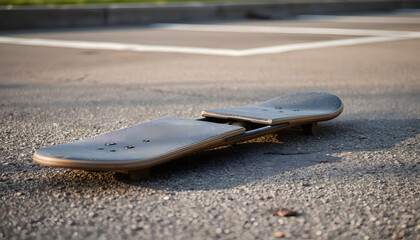 Broken skateboard lying on a concrete surface in a sunny outdoor setting