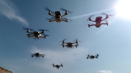 Drones flying in formation against a clear sky during a technology demonstration in a suburban area