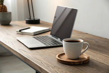 Modern workspace with laptop coffee mug and notepad on a rustic wooden desk