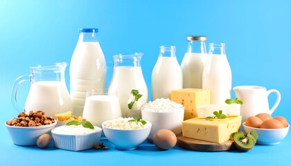 Dairy products with eggs, nuts, and blue background.