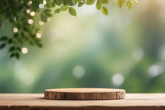 Natural wooden product display stage with fresh green foliage and soft bokeh effect.