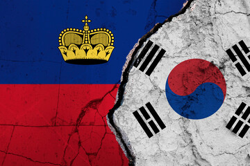 Torn Flags of South Korea and Liechtenstein Depicting Political and Cultural Tension. Split Design...