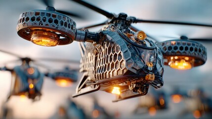 Advanced drone technology showcased during a twilight aerial demonstration in a modern urban environment