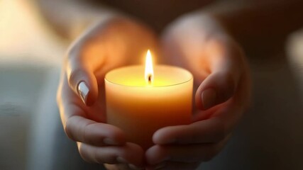 Hands holding candle flame glowing warm light with soft glow creating peaceful calm atmosphere cozy relaxation and gentle care in dark setting - Powered by Adobe