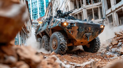 Military vehicle navigating through urban rubble in a post-conflict cityscape during daylight hours
