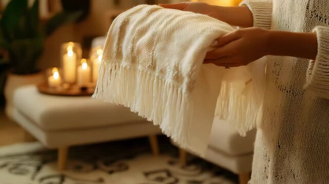 Cozy warm blanket with fringe held by hands in soft knitted sweater under candlelight and soft lighting creating calm cozy atmosphere indoors