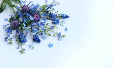 Summer blue bouquet with cornflowers bouquet with roses in lilac tones.  A flower arrangement with a place for text.