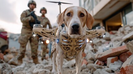 Robot dog assists rescue team in disaster recovery scene among rubble and debris