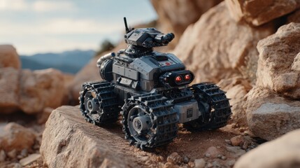 Remote-controlled robot exploring rocky terrain in a mountainous landscape during golden hour light