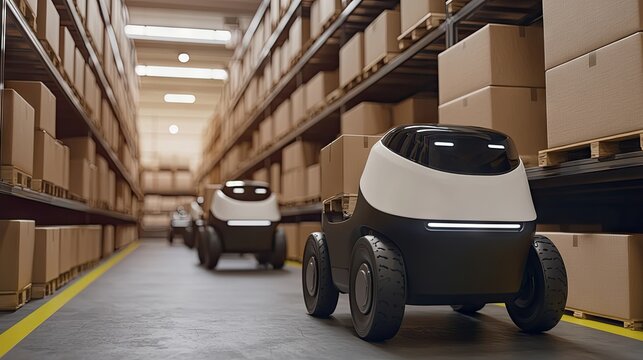 Autonomous warehouse robots navigate a storage facility.
