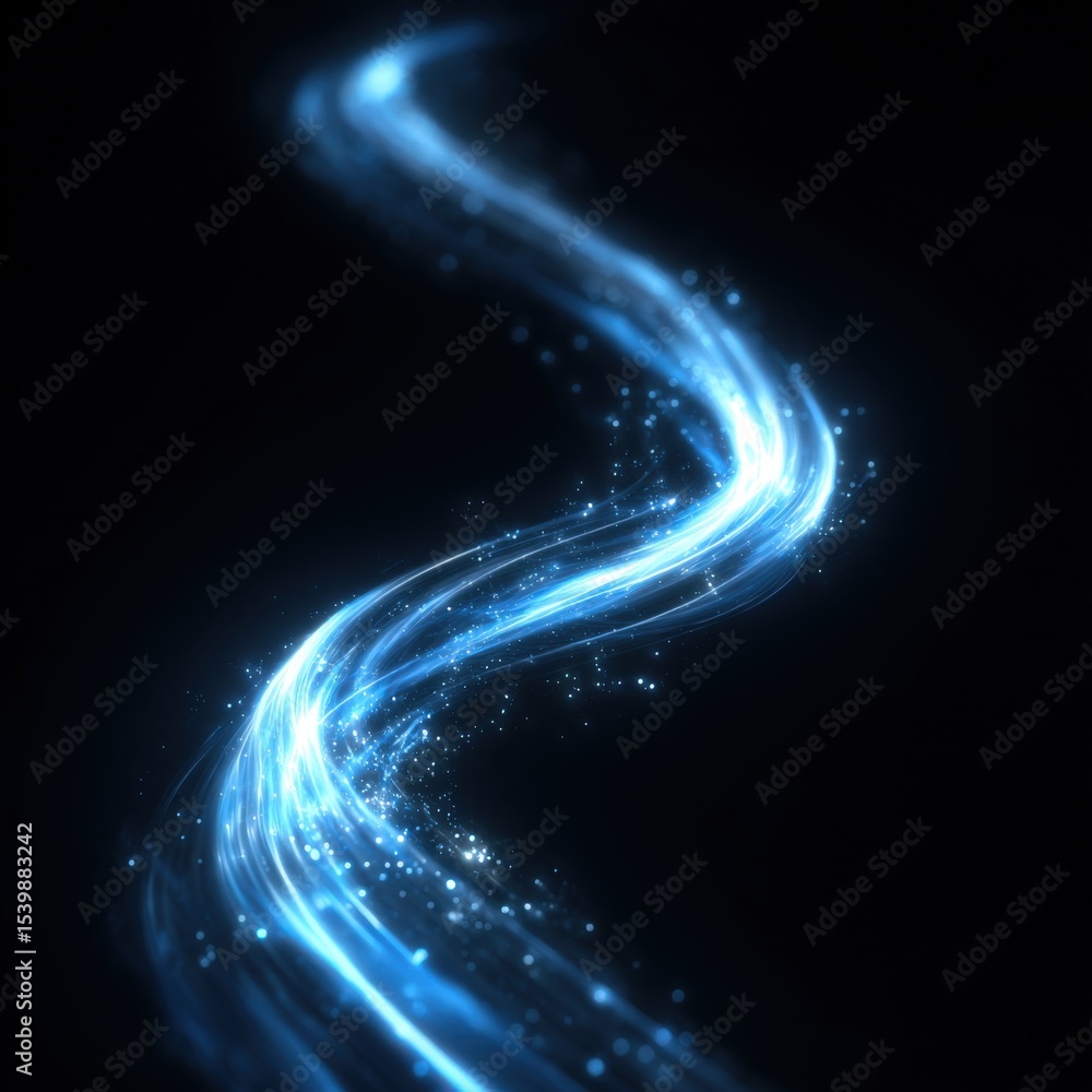 Poster glowing blue light trail spiral effect with sparkles and dynamic flow on dark background
