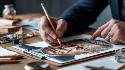 Expert artist creates detailed pencil portrait of a distinguished man in a well-appointed studio