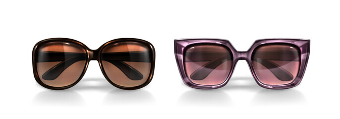 Stylish 3d eyewear set with bold frames - modern sunglasses in glossy tortoiseshell and translucent materials, gradient lenses for fashion accessories, summer promotions or optical store marketing.