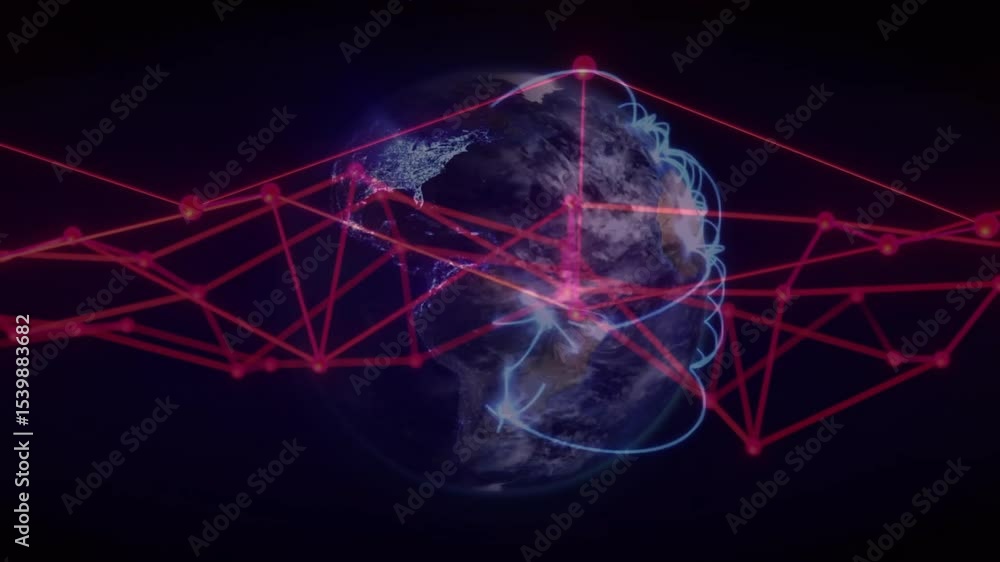 Poster after two-second hold globe showing red mesh rotating while blue arcs emerging showing network flow