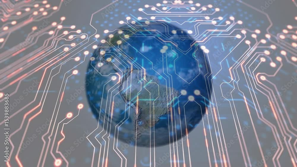 Poster animation starting 3d globe rotating, circuit nodes glowing and pulsing illustrating data network