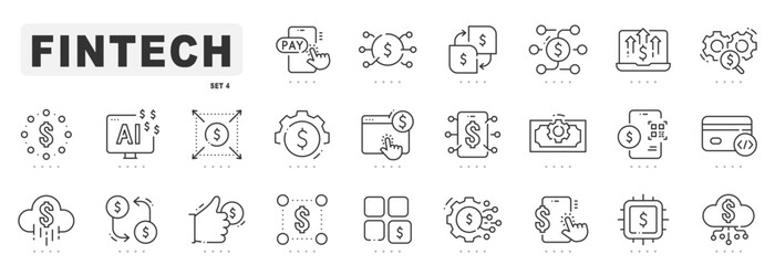 Fintech related line icons. Finance, money, technology etc. Editable stroke