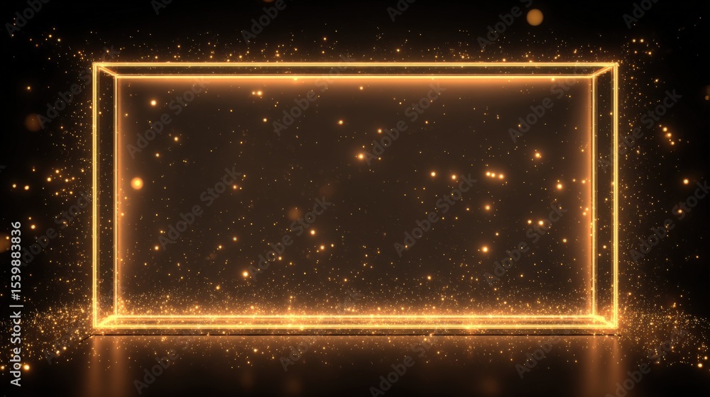 Poster illuminated rectangular frame glowing with golden light and sparkling particles