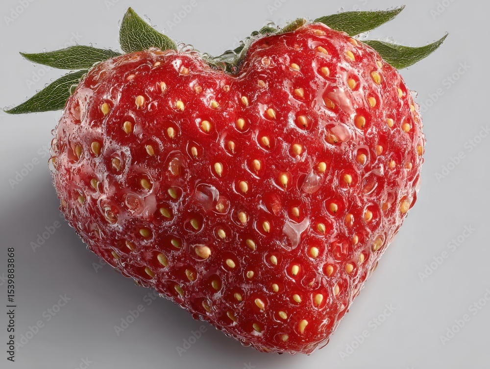 Poster heart-shaped strawberry with vibrant red color and green leafy top on plain background