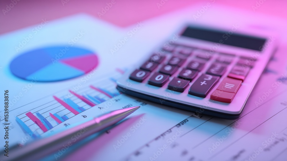 Poster business financial analysis with charts graphs calculator and pen on paper