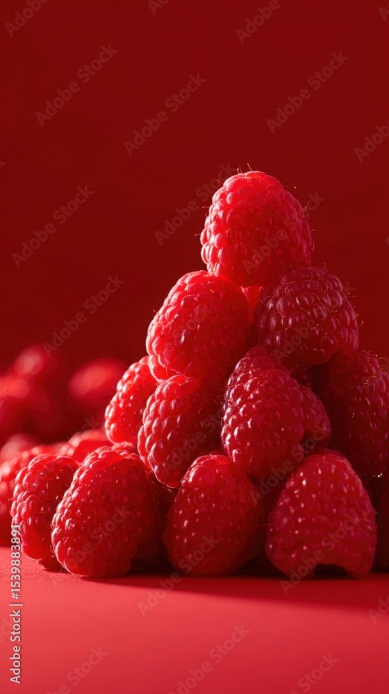 Poster Close up of fresh ripe raspberries stacked on a red background with detailed texture and vibrant color