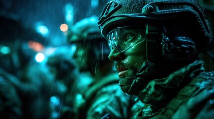 Soldiers in rain gear display determination during a nighttime urban operation in a bustling city environment