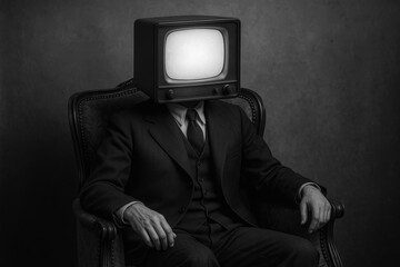 Monochrome, surreal: A man in a formal suit sits in an armchair, his head replaced by a glowing vintage television. Conceptual, thought-provoking art.