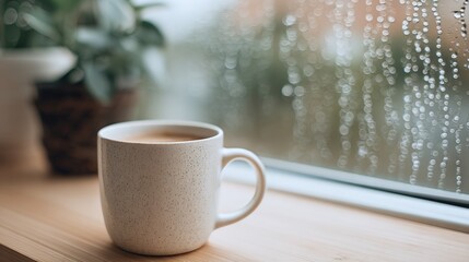 Obraz premium Close-up of a white ceramic coffee mug on wooden table near rainy window du daytime