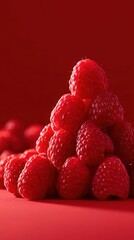 Close up of fresh ripe raspberries stacked on a red background with detailed texture and vibrant color