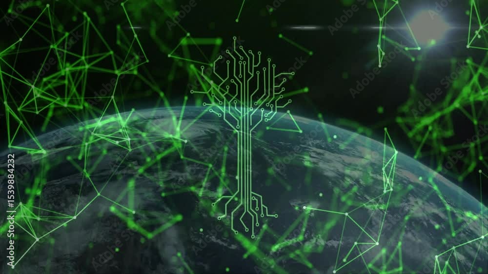 Poster starting glow intensifying filament branching into circuit tree rotating earth showing connectivity