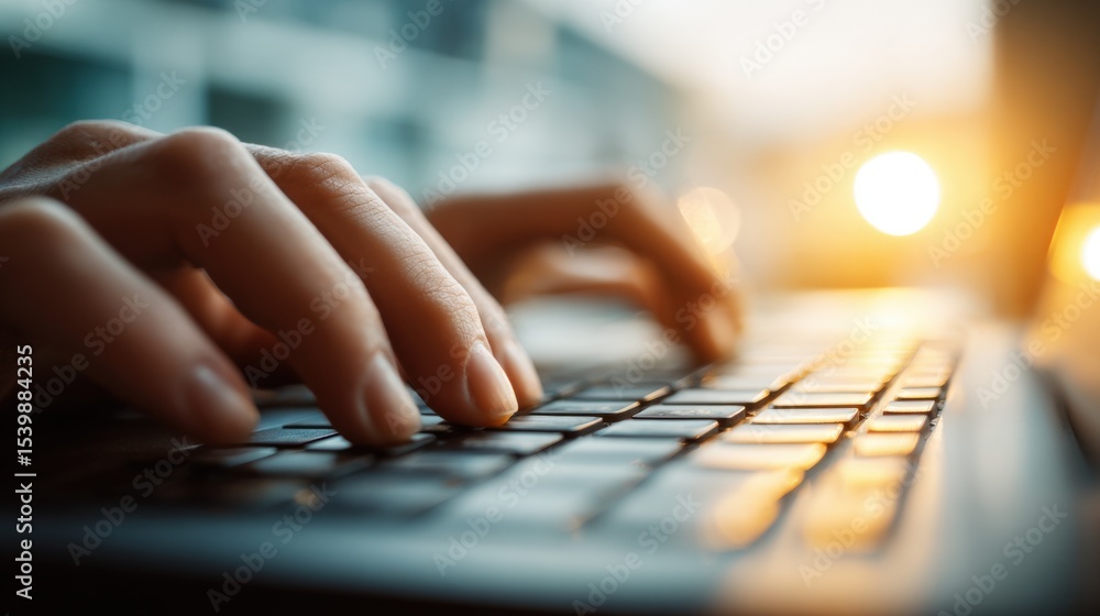 Aufkleber close-up of hands typing on a laptop keyboard with warm sunlight in background