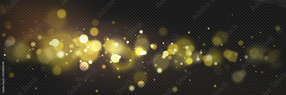Poster golden bokeh light effect on transparent background - shimmering particles and blurred circles of ma
