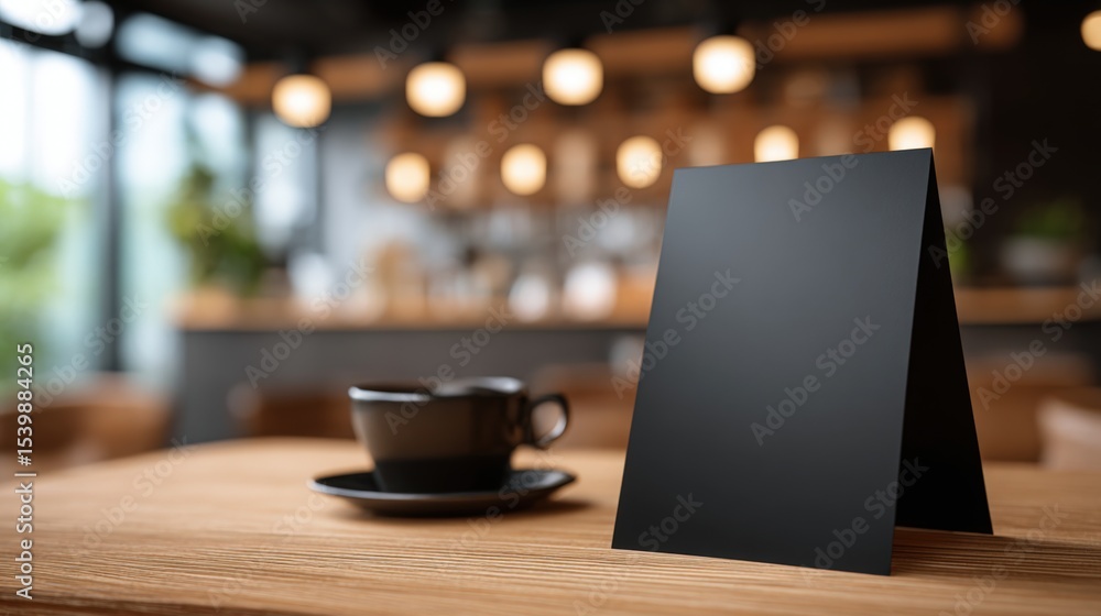Poster modern black menu board standing on wooden table with coffee in a cozy cafe setting