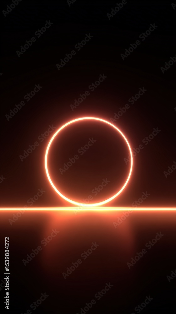 Poster neon illuminated circular floating above a reflective surface in dark environment