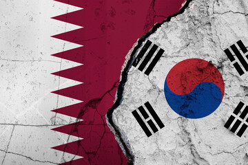 Torn Flags of South Korea and Qatar Depicting Political and Cultural Tension. Split Design of ...