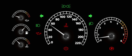 Fototapeta premium Car dashboard speedometer interface with glowing gauges showing speed numbers, tachometer dial, fuel tank indicator meter on black background for vehicle instrument panel automotive display design.