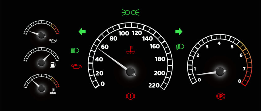 Car dashboard speedometer interface with glowing gauges showing speed numbers, tachometer dial, fuel tank indicator meter on black background for vehicle instrument panel automotive display design.