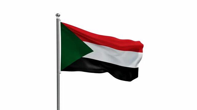 Waving flag of Sudan on a flagpole isolated against a white background showing the colors red white black and green