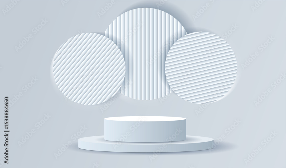 Poster podium display white and grey background with wood circles wall. empty room studio texture. mock up 