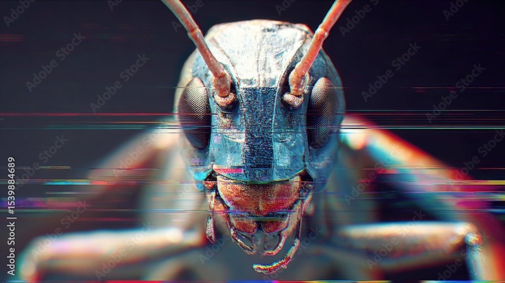 Poster extreme close-up of vibrant colorful insect head showing intricate details and texture