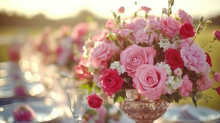 Fototapeta premium Pink roses bouquet centerpiece on table