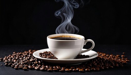 Steaming Coffee Cup with Beans, and Dark.