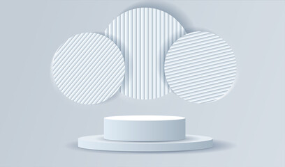 Podium display white and grey background with wood circles wall. Empty room studio texture. Mock up sale vector design.