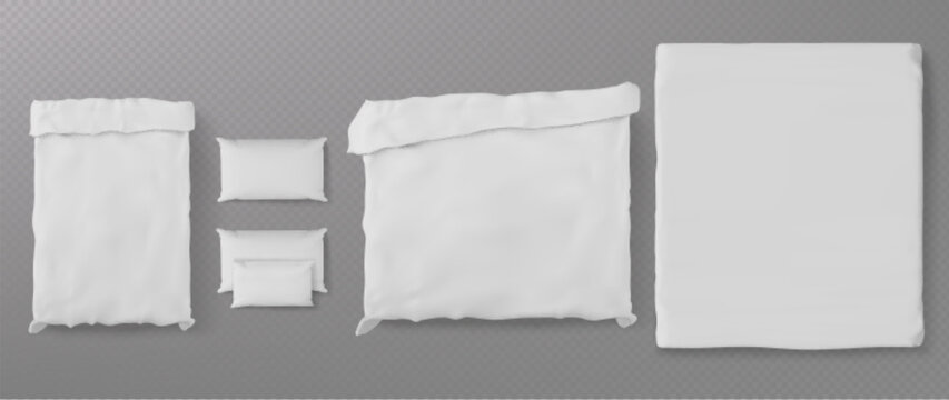 White bed linen mockup set with pillows, duvet covers and sheets from top view on transparent background for bedroom textile presentation, branding design, hotel bedding product display templates.
