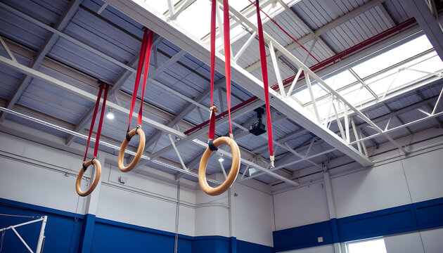 Gymnastics rings hanging from the ceiling of a gymnasium with red straps and bright lighting