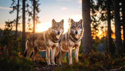 Wolves at Sunset in Forest.