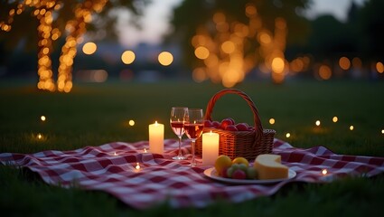 Evening Picnic with Wine, Candles, and String Lights in an Urban Park