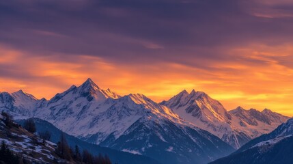 Breathtaking panoramic view of snow capped mountain range at sunset du winter